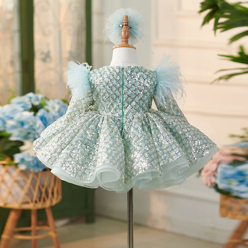 Vestido elegante de lujo para niña, lentejuelas, manga larga, conferencia de apertura, cumpleaños de un año, bautismo, regalo oficial de Navidad