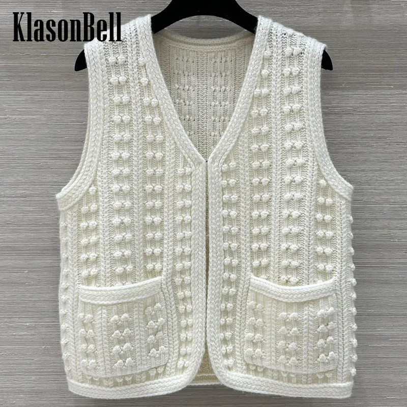 

10.11 KlasonBell Women's Three-dimensional Crochet Ball Hollow Out Jacquard V-Neck Vest Double Pocket 100% Cashmere Knit Vest