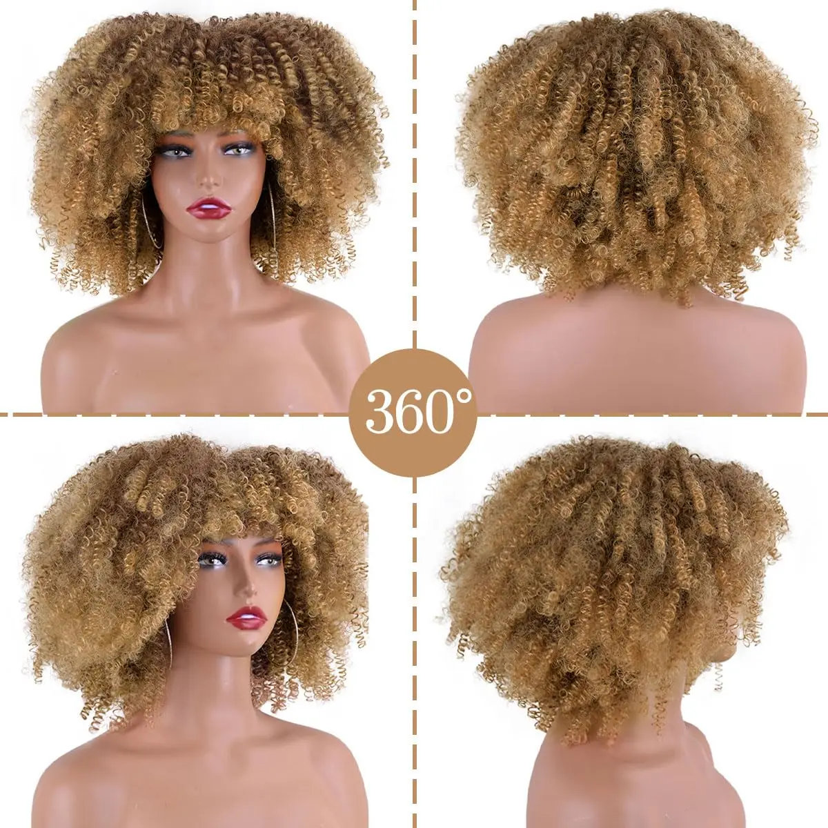 Short Curly Afro Syntheic Wigs for Black Women Afro Kinky Curly Wig with Bangs Synthetic Fiber Full Wig