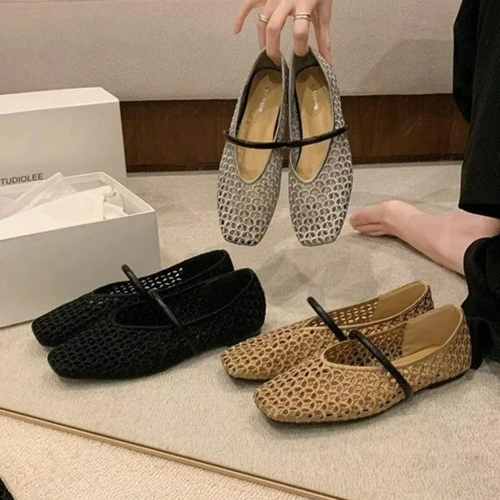 

Women Mary Janes Shoes Summer Cutout Flats Ankle Belt Weaved Sandals Square Toe Style Designer Fabric Knitting Flat Shoes