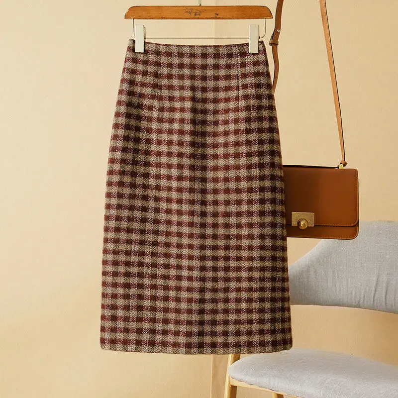 

Woolen Plaid Half Body Women's High Waist Hip Hugging Mid Length Spring Autumn New Korean Version Side Slit Over Knee Skirt