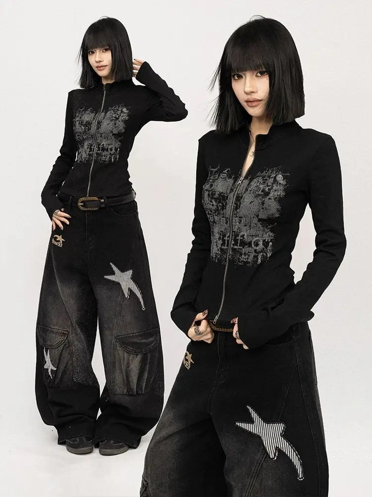 

Y2K Clothes 2000s American Vintage Graffiti Black Long-Sleeve Cardigan Women Sweatshirt Spring Fall New Punk Printed Zipper Top