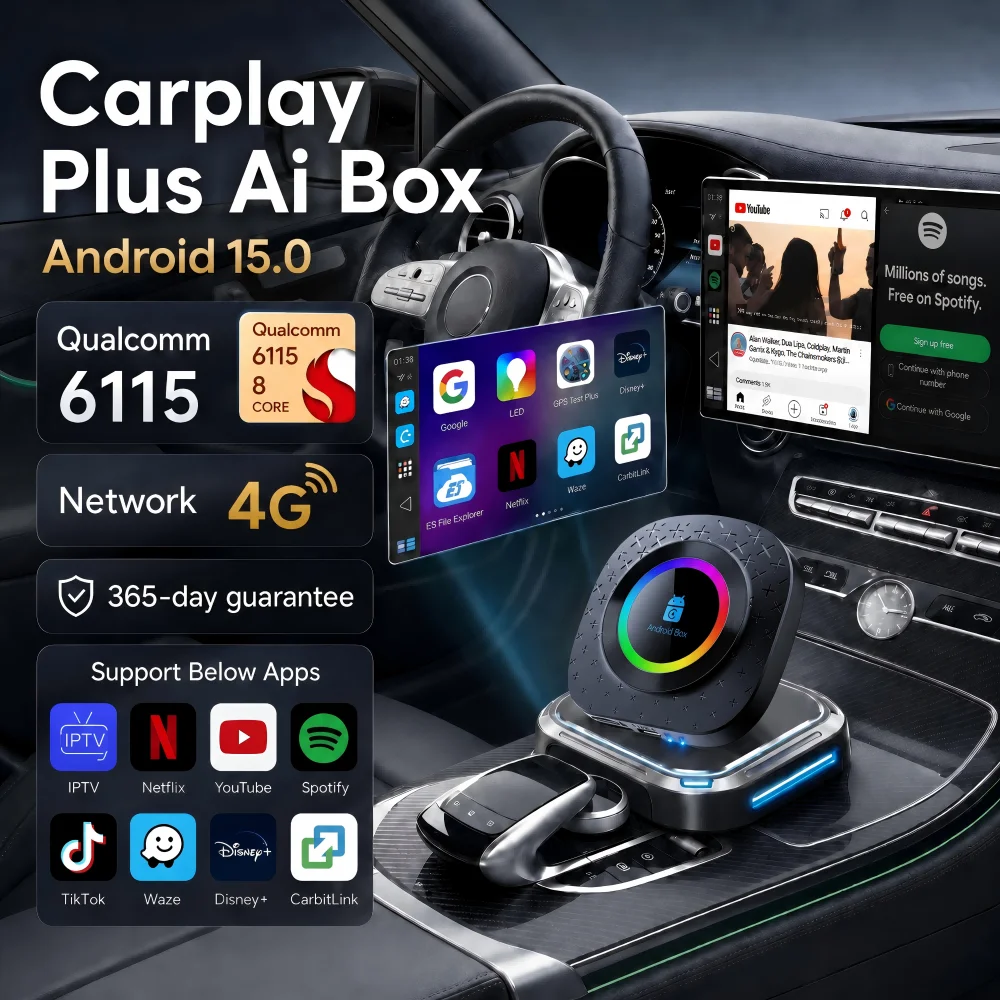 CarPlay AI Box Wireless Android Auto Smart Box QCM6115 Split‑Screen Function Supports YouTube & Netflix for OEM Wired CarPlay