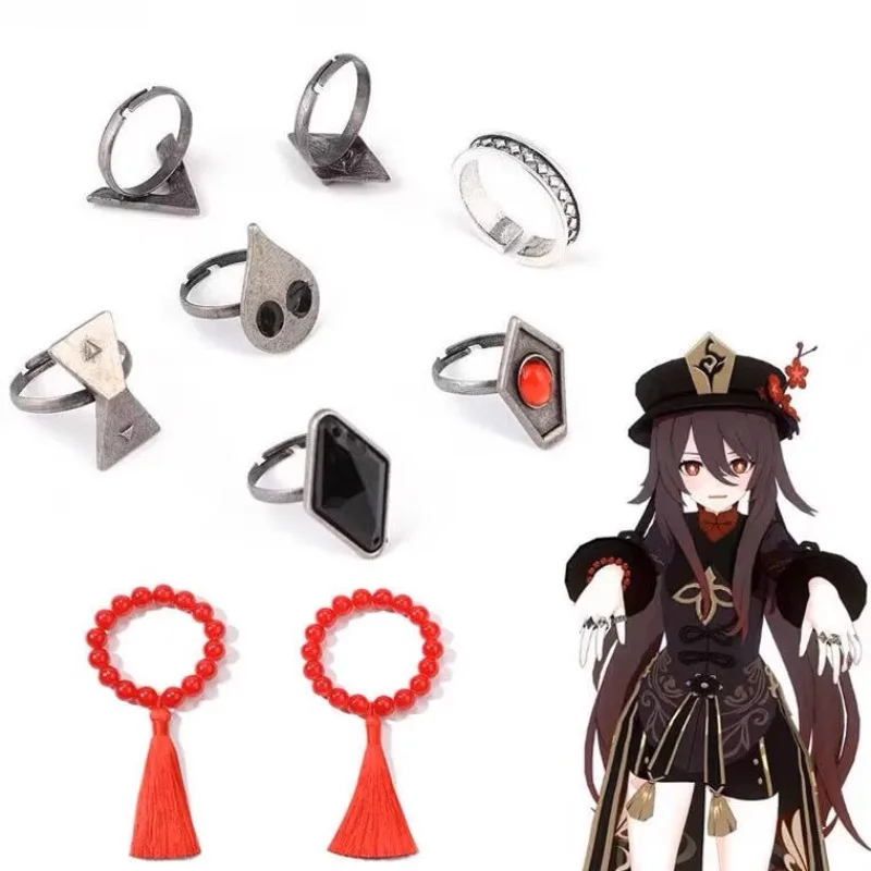 7PCS Genshin Impact Hutao Game Character Customizable Product Peripherals Rings Premium Lightweight Cosplay Costumes DIY Props