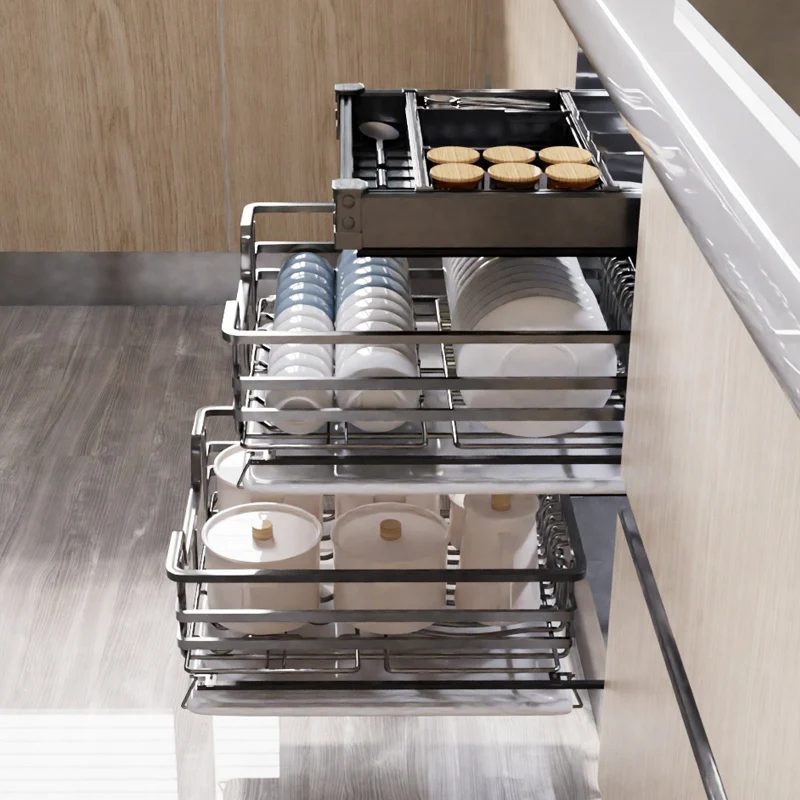 #Stainless steel small size pull basket kitchen cabinet drawer type damping rail dish rack double seasoning storage bowl basket