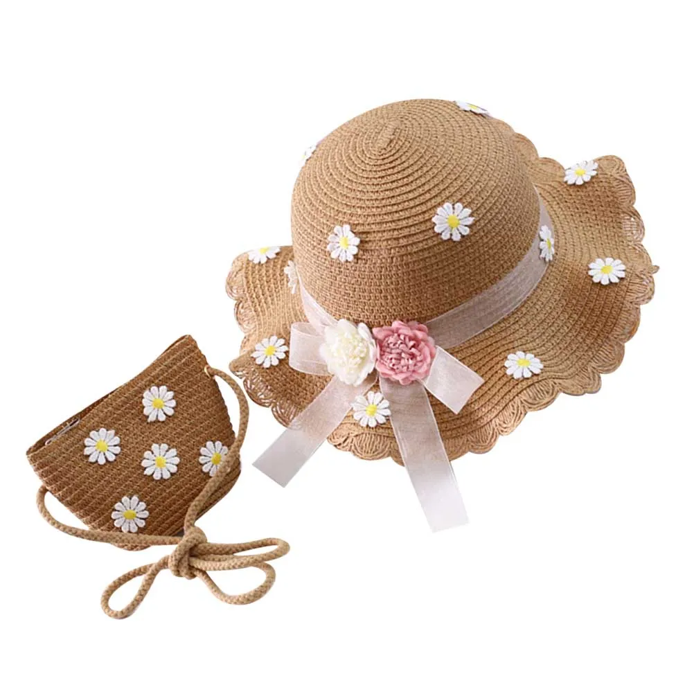 

2Pcs Sunscreen Bag Combo Kids Daisy Pattern Breathable Sun Hat Baby Vacation Beach Sun Protection Hat Travel