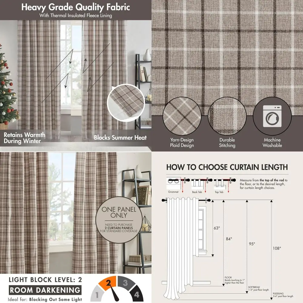 

Коричневые клетчатые шторы с термоизоляцией 50 x 108, с флисовой подкладкой для гостиной и спальни, одна панель