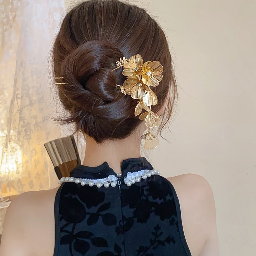 1 Pcs Golden Silvery Hollow Flower Long Leaf Tassel Hairpin Hair Fork Chinese Bridal Wedding Charm Headwear Jewelry Accessories