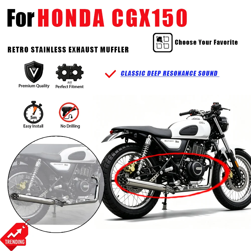 For Honda CGX150 Retro Exhaust Muffler Pipe Anti-Rust Stainless Steel Deep Tone Escape Moto Accesorios Scarico Modified Parts