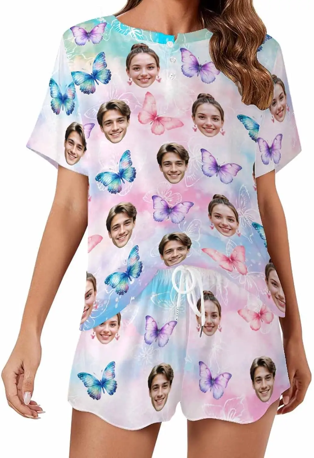Aangepaste korte pyjamaset met foto, gepersonaliseerde loungeset voor dames, nachtkleding met grappig gezicht, zacht trainingspakcadeau