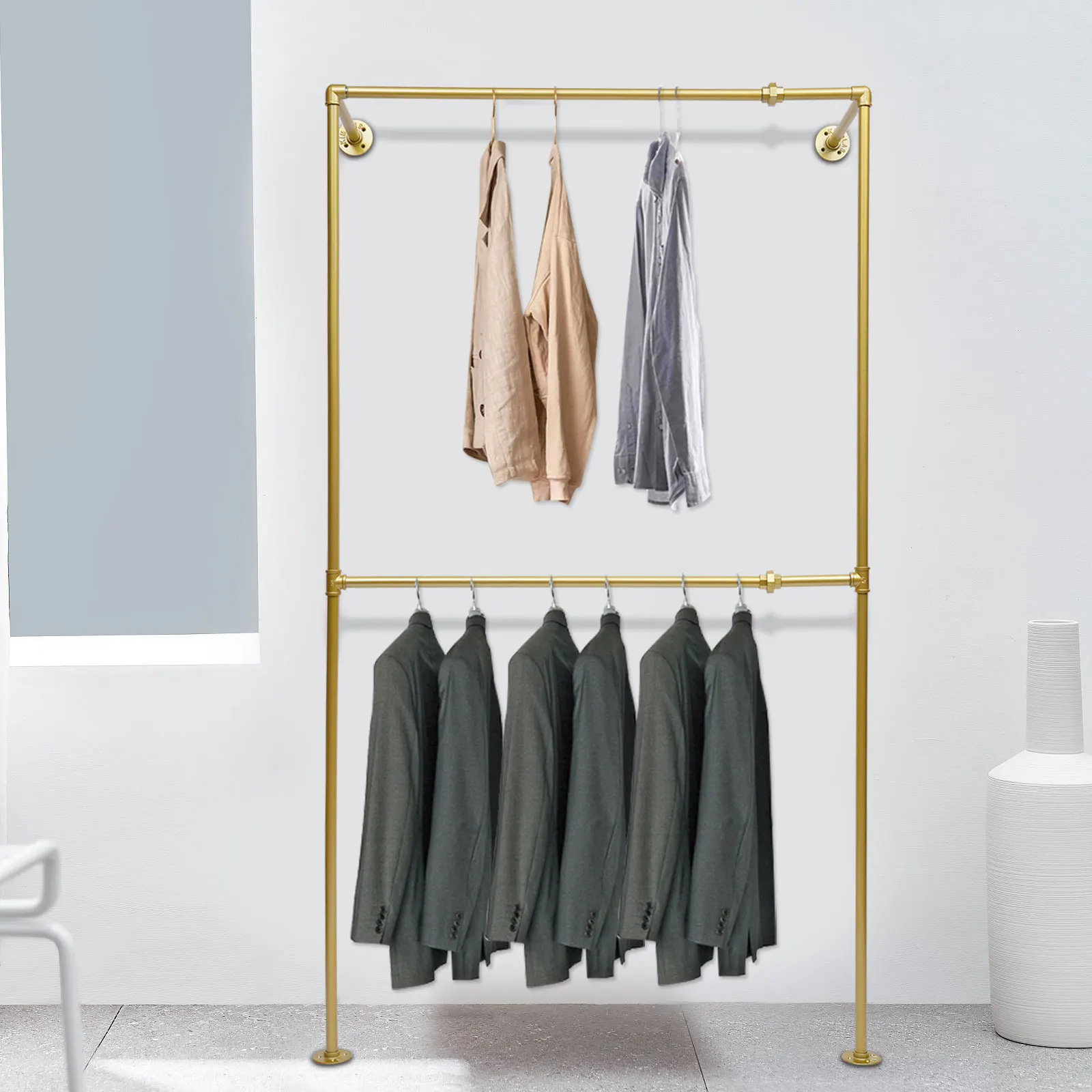 

120*40*210cm Gold Floor Hanger 2-layer Clothes Storage Rack High Load-bearing Shelf Used in Homes and Clothes Shops