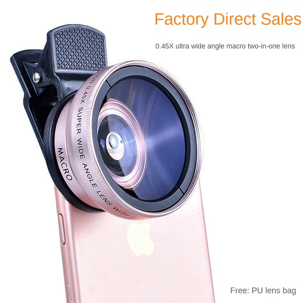 Phone Lens Clip External Zoom Professional 0.45x 49uv Factory Direct Sales Universal Red Lens Fisheye Wide Angle 37mm 2-in 1