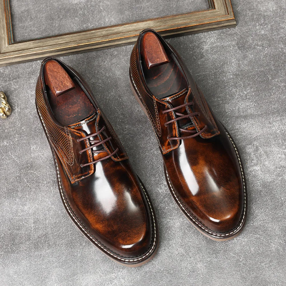 New Autumn Winter Color Rubbed Men Leather Shoes Top Layer Cowhide Lace Up Oxford Formal Business Wide Work Shoes