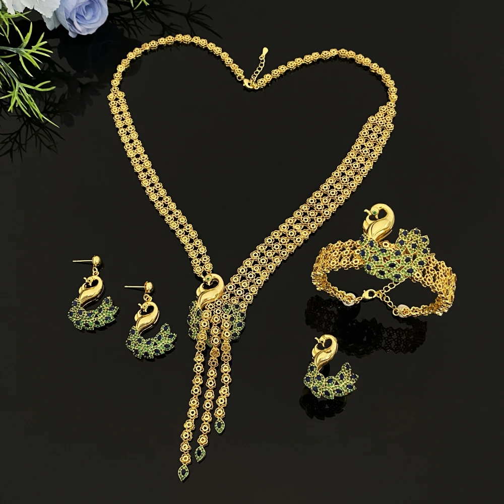 

JRH Trendy Peacock Zircon Jewelry Set 4Pcs Gold Plated Brass Earrings Necklace Holiday Date Night Atmosphere Exquisite Gift Box