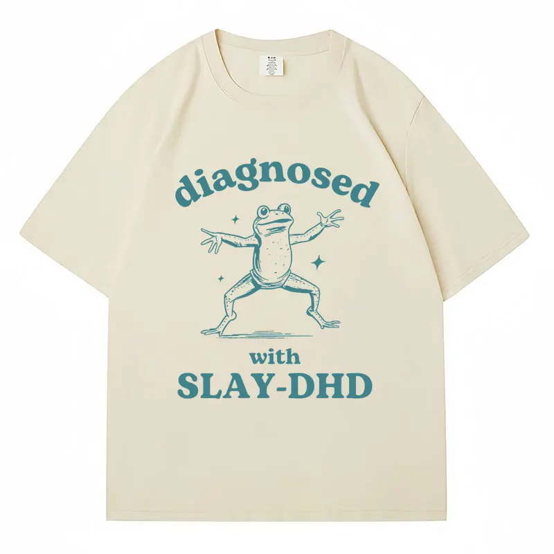 Funny Diagnosed with Slay-DHD Frog Meme T-Shirt Men\'s Women\'s Retro Short Sleeve Breathable Cotton Oversized T-Shirts Streetwear