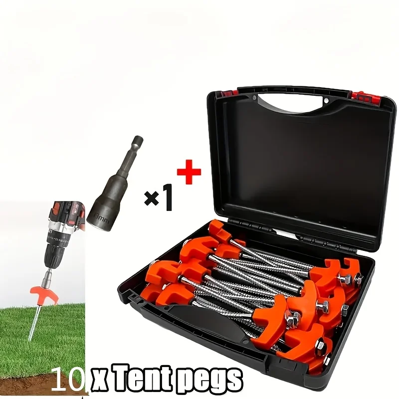 12Pcs Screw Tent Peg Set, 10Pcs Orange Ground Stakes with Sleeve & Box, Rust‑Resistant Steel No Hammer for Outdoor Camping