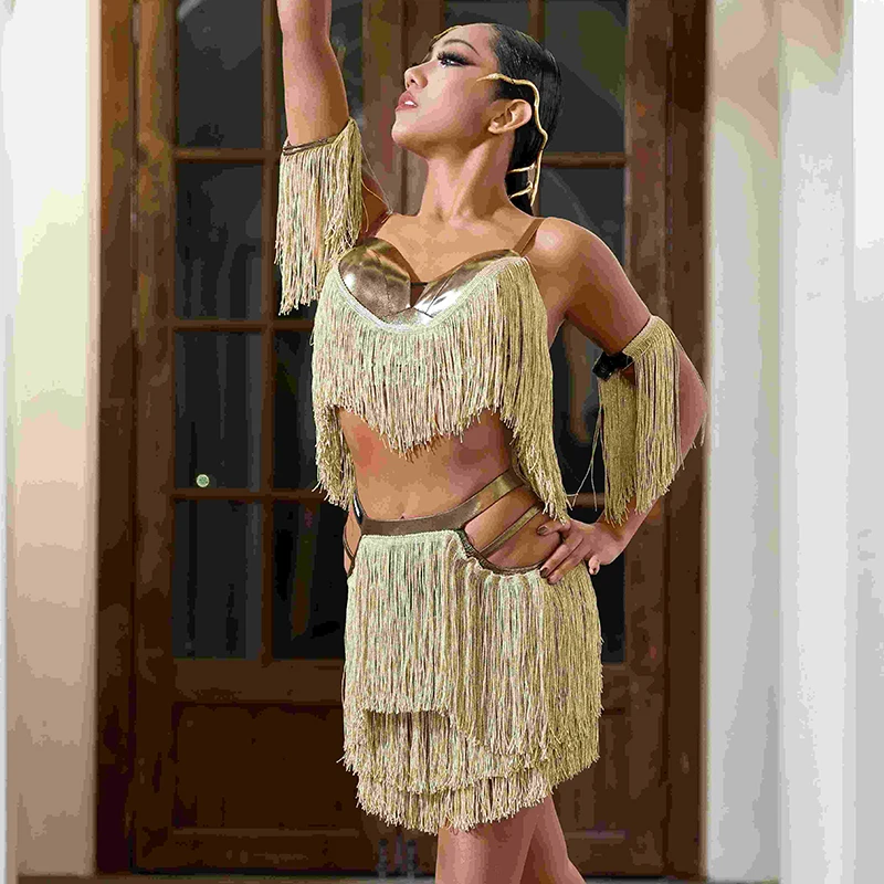 ملابس الرقص اللاتينية النسائية شرابات مجموعات هامش القمم تنورة تشا تشا رومبا السامبا أداء الرقص المنافسة الملابس DNV22365