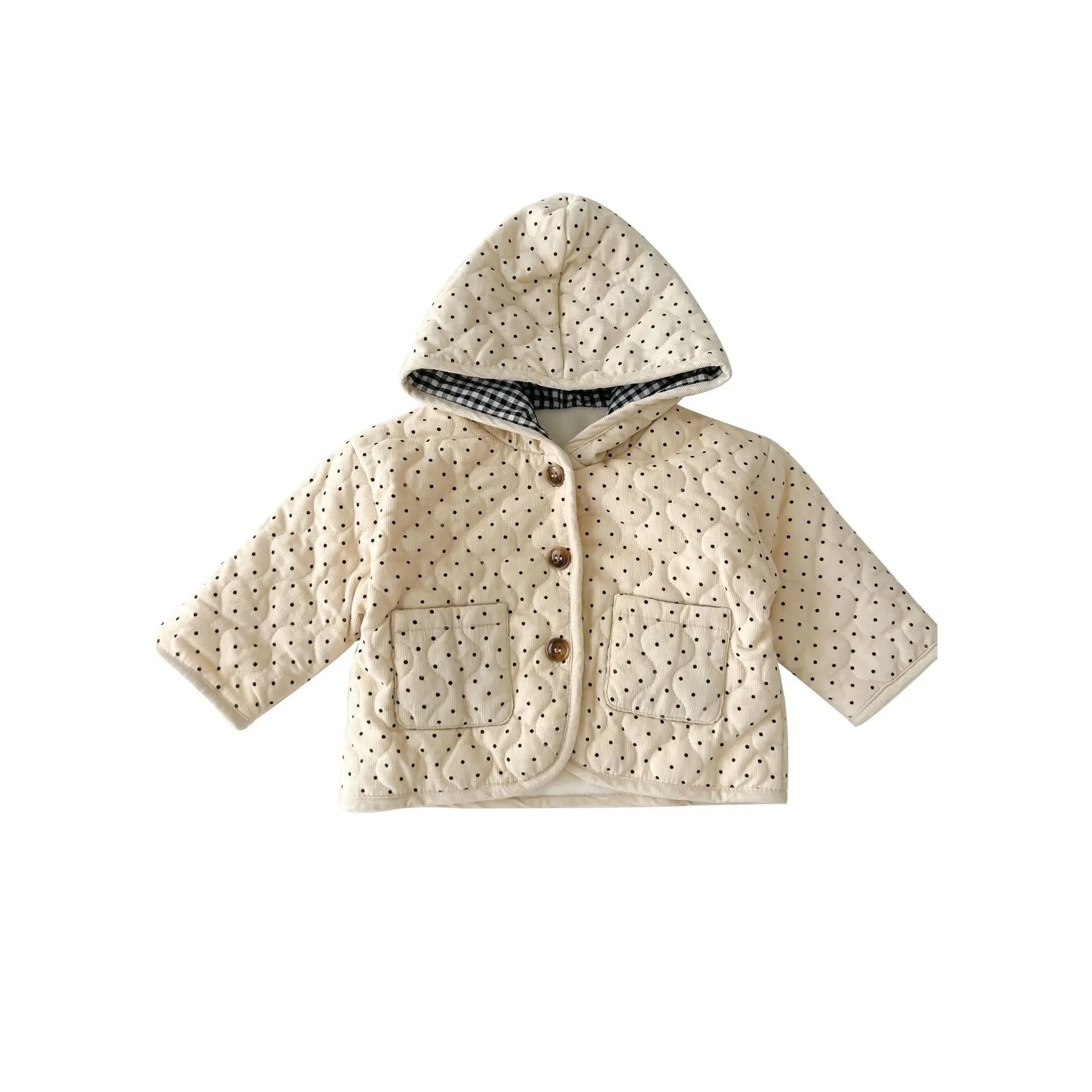 2024 Winter New Baby Corduroy Warm Coat Long Sleeve Infant Padded Jacket Plus Velvet Thick Girls Boys Dot Print Hooded Coat