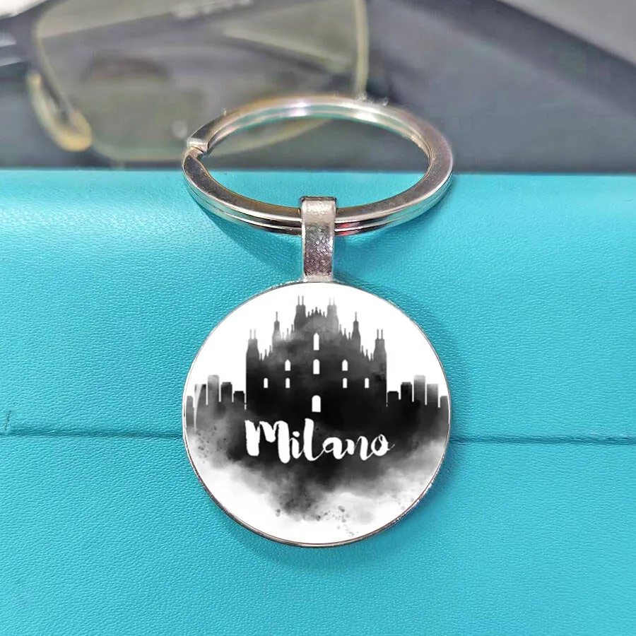 Bangkok Athens Kuala Lumpur Brazil City Silhouette Glass Keychain Ink Art Pattern Metal Key Ring Travel Memorial Gift