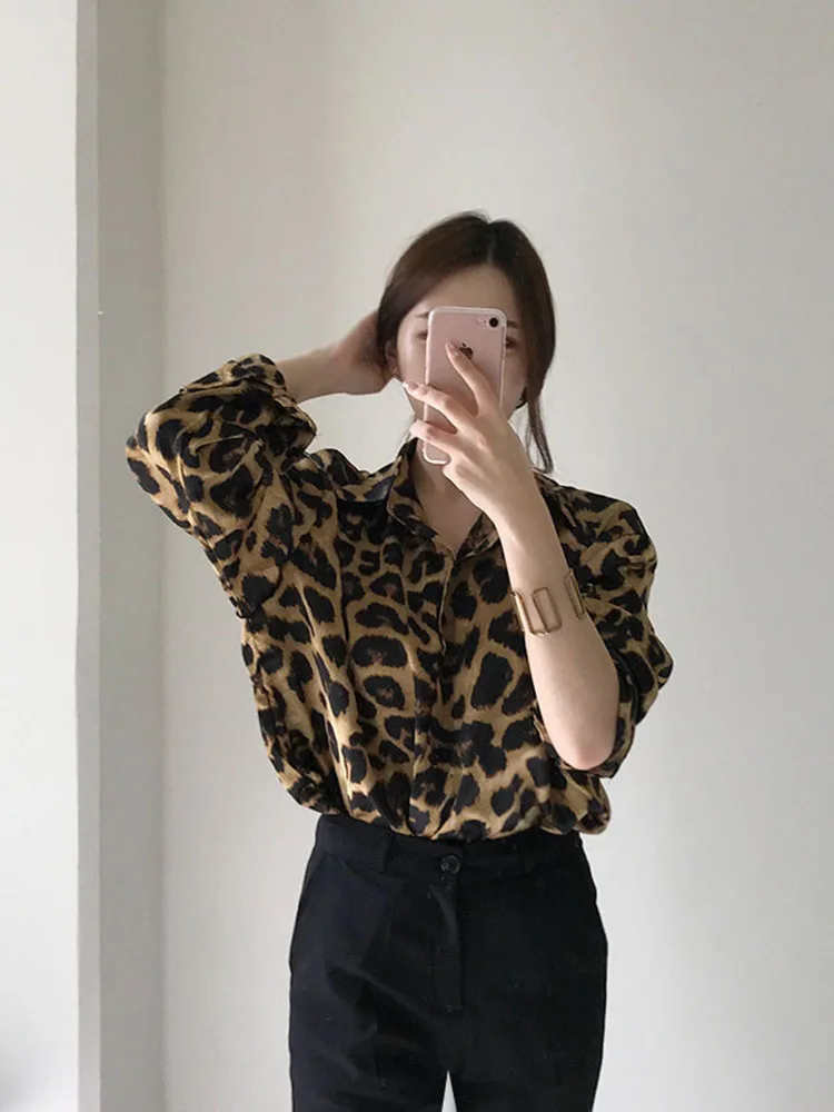 Jielur Chic Retro Leopard Print Loose Long-sleeved Women Shirt Fashion Street Casual Slim Top Female New Basic Woman Shirt