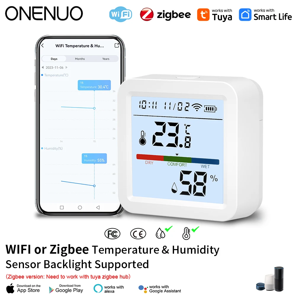 

ONENUO Tuya WIFI/Zigbee Temperature Humidity Sensor Hygrometer Thermometer Smart Home Backlight Smart Life Support Alexa Google