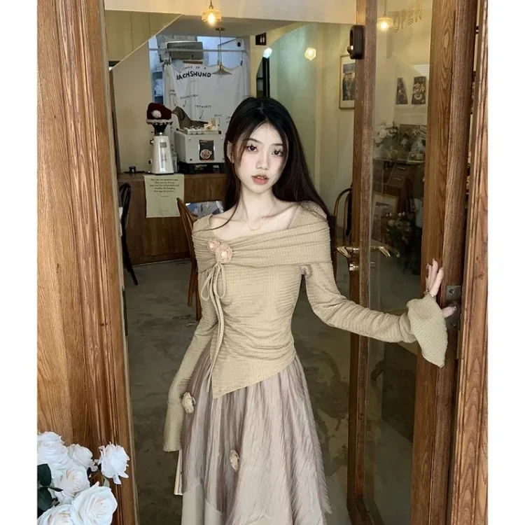 Fashion Irregular Long Sleeve Slim Fit Tops Women+ Y2k E-Girl High Waist Ruched A-line Skirts 2024 Autumn Two Piece Sets