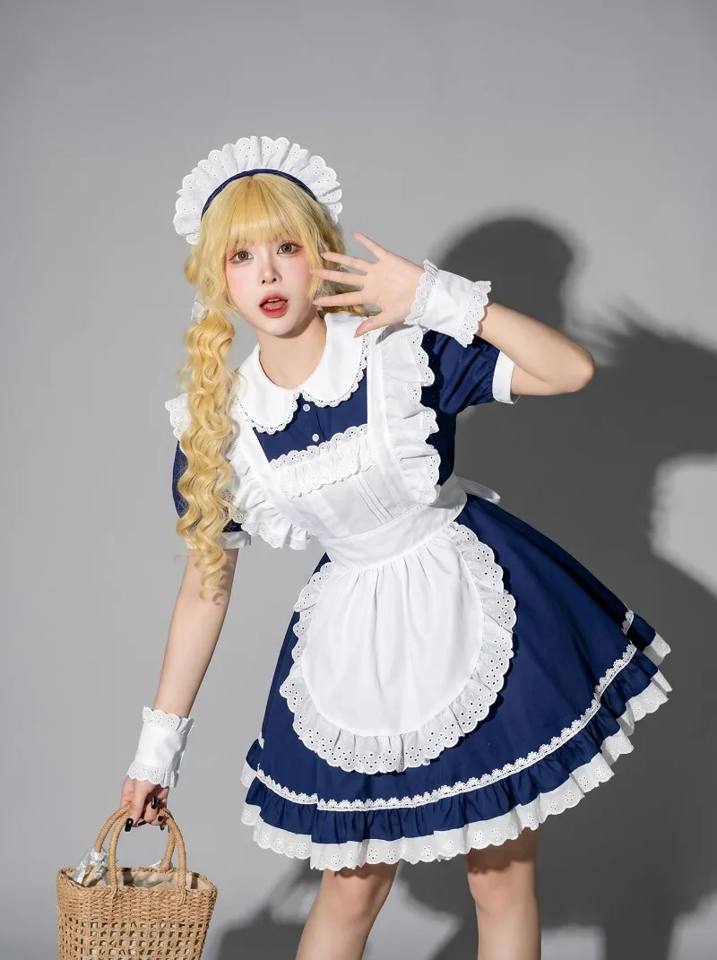 IOOTIANY Marineblau-weißes Dienstmädchen-Lolita-Kleid mit Schürze und Spitzenbesatz, Halloween-Party, süße Lolita-Kleider, Kellnerin-Cosplay-Kostüm – Detail 6