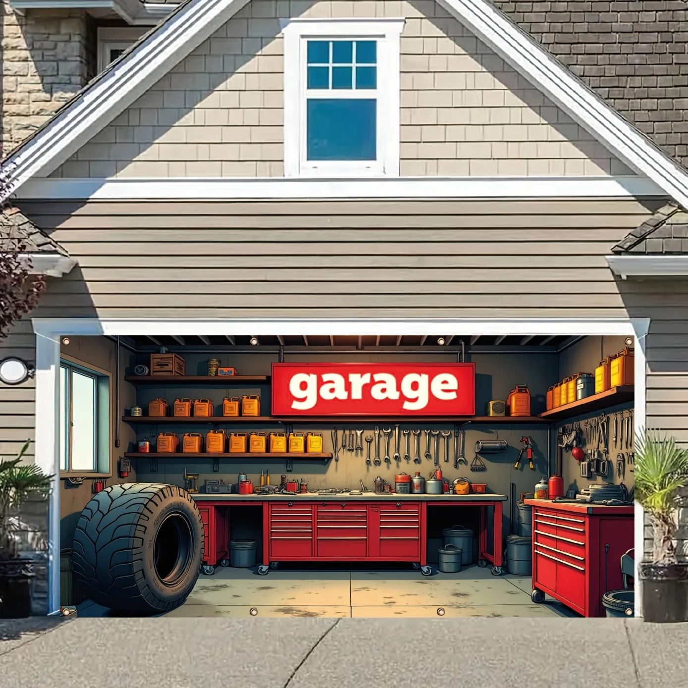 1 ชิ้น, แบนเนอร์โรงรถ, เครื่องมือและยางโรงรถ, วัสดุโพลีเอสเตอร์, เหมาะสำหรับพื้นหลังการถ่ายภาพ