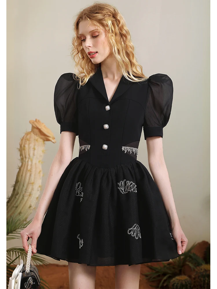 High-End Designer Socialite Short Sleeve Black Dress Women Summer New Rhinestone Chic Embedded Commuter Slim Waist Pleated Dress