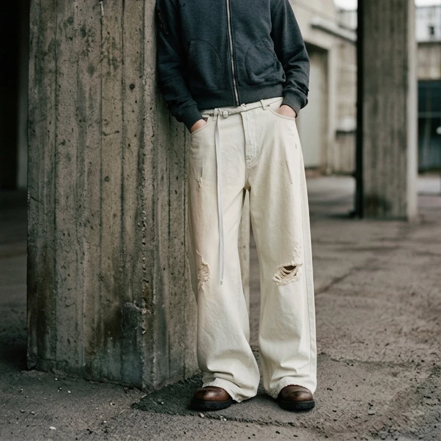 Muddy Dyed Splashed Ink Distressed Hole Denim Jeans with Long Belt Washed Vintage Streetwear Oversize Straight Jeans Trousers