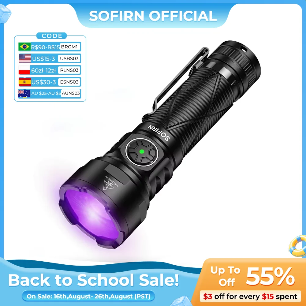 Sofirn SR15 UV-Taschenlampe mit SST08 LED, 365nm, Leistungsstark, 21700 USB-C Aufladbar, IPX8 Wasserdicht, mit Magnetischem Ende zur Detektion