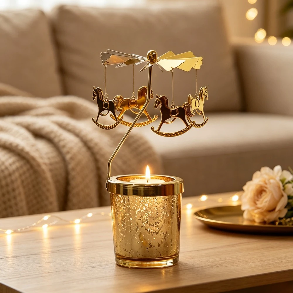 Heat Driven Rotating Carousel Candle Holder Golden Glass Candle Cup with Hanging Metal Pendant for Home Table Christmas Gift