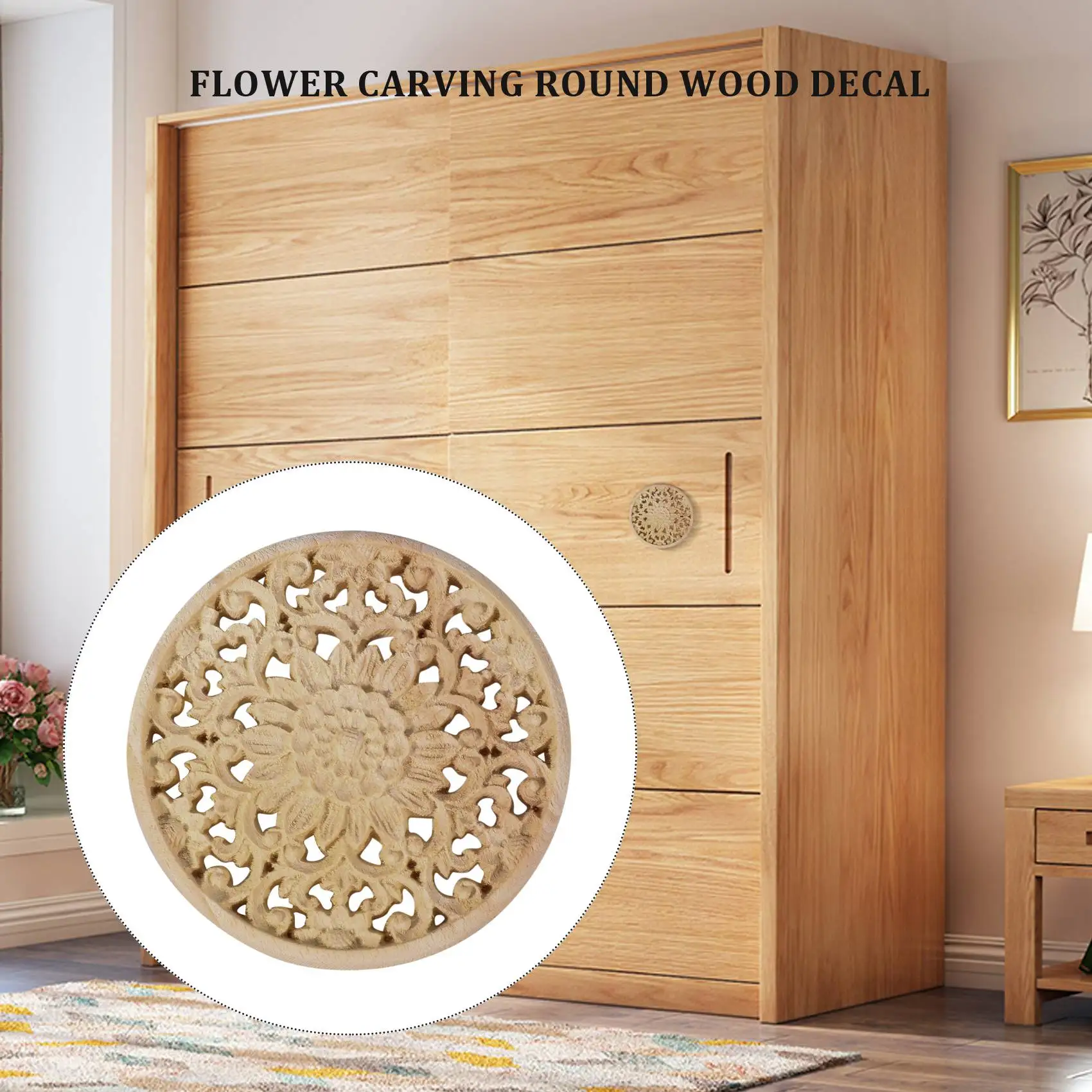 AT77 Carved Flower Carving Round Wood Appliques For Furniture Cabinet Unpainted Wooden Mouldings Decal Decorative Figurine