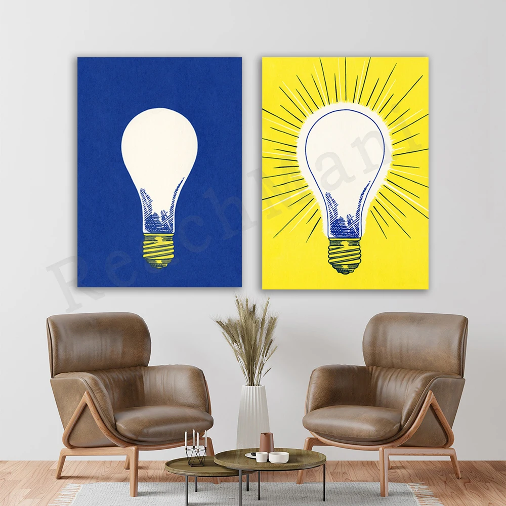 

Pop Art Light Bulb Print • Tune On • Bold blue and yellow pop art diptych 1970s switch creative graphic design poster