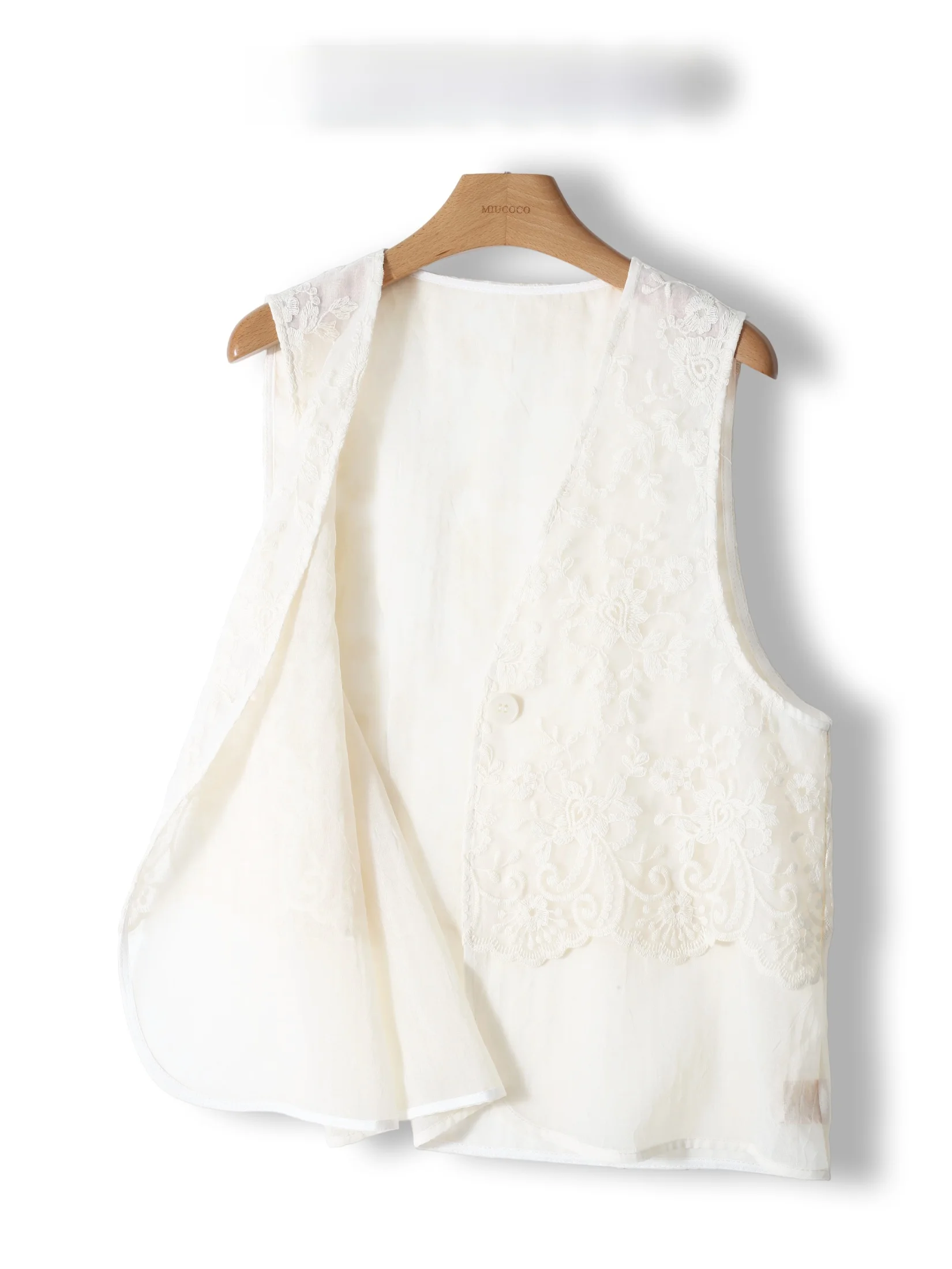 Elegant Double Layer European Lace Embroidered Vest Outerwear Slimming Mid-Length V-Neck One Button Closure Women's Jacket