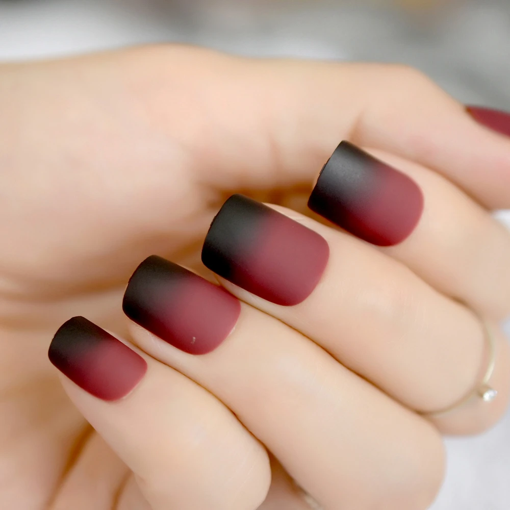 Gradient French Matte Fake Nails Claret-red Wine Black Frosted False Nail Tips Square Top Nails Art For Bride Party Wear