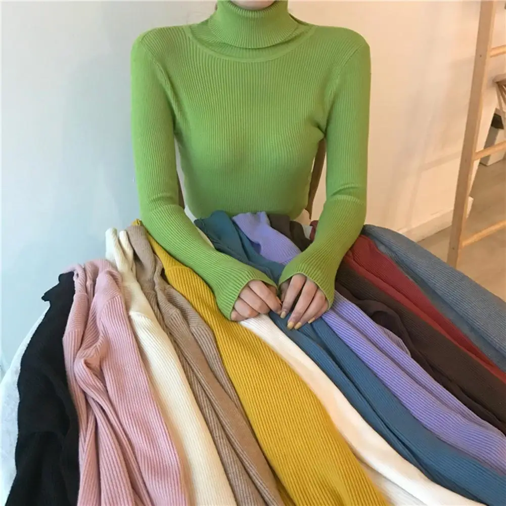 

Winter Women Turtleneck Sweaters Pullover Long Sleeve Slim Elastic Jumper Korean Simple Basic Cheap Jumper Solid Color Top