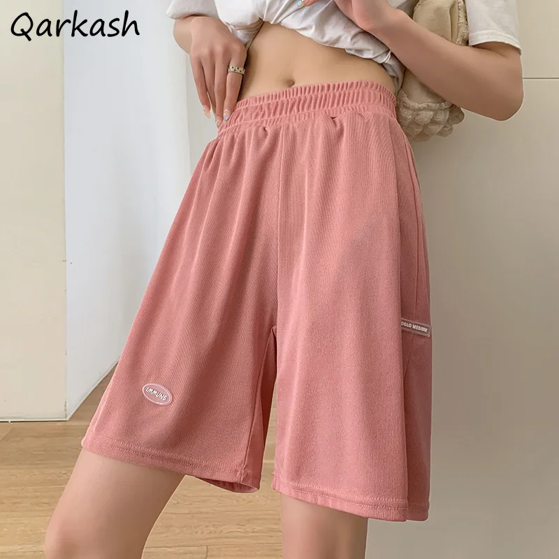 Shorts Women High Waist Ice Silk Solid Wide Leg Letter Patchwork Summer Korean Fashion Workout Loose Leisure Running Breathable