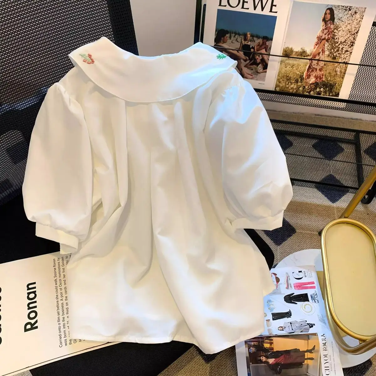 Plus rozmiar 5XL 150kg letnia elegancka damska haftowana bluzka z krótkim rękawem topy dla kobiet koszule damskie koreańskie słodkie ubrania