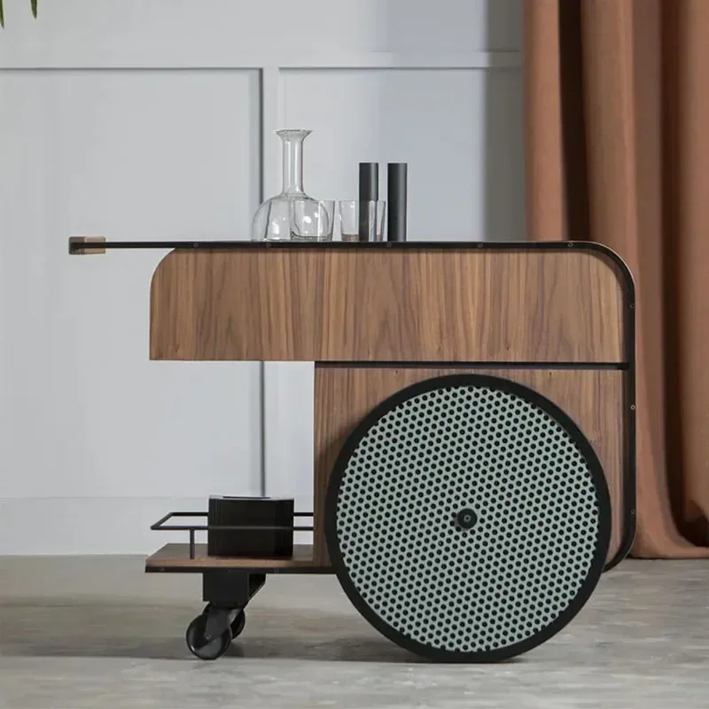 Nordic solid wood dining car high-end villa wine walnut color wrought iron black modern cart silent moving side few