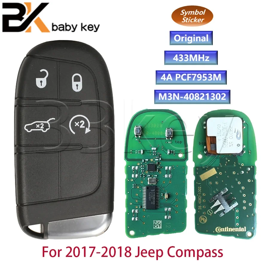 

BB ключ для 2017 2018 Jeep Compass M3N-40821302 оригинальный 4 кнопочный смарт-ключ дистанционного управления 433 МГц 4A чип без ключа SIP22 Blade