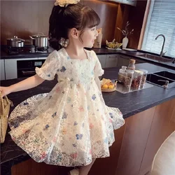 Cute Summer Princess Wedding Ball Birthday Party Clothes Girl Lace Butterfly Printing White Pink Dress Children 1-8 Year Old New