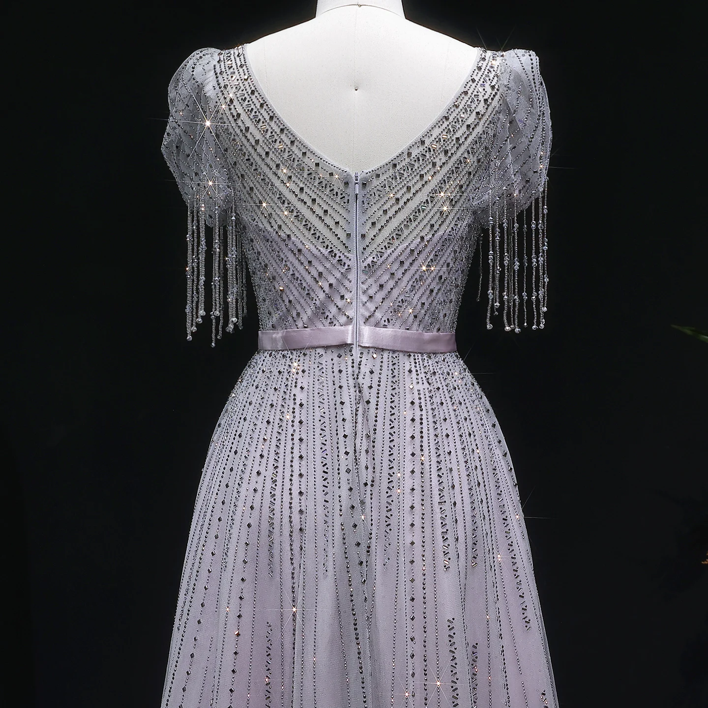 Sharon Said Dubai Quasten-Kristall-Abendkleid mit schwerer Perlenstickerei, lavendelfarben, mit kurzen Ärmeln, A-Linie, formelle Partykleider für Damen, SS199, maßgeschneidert – Detail 11