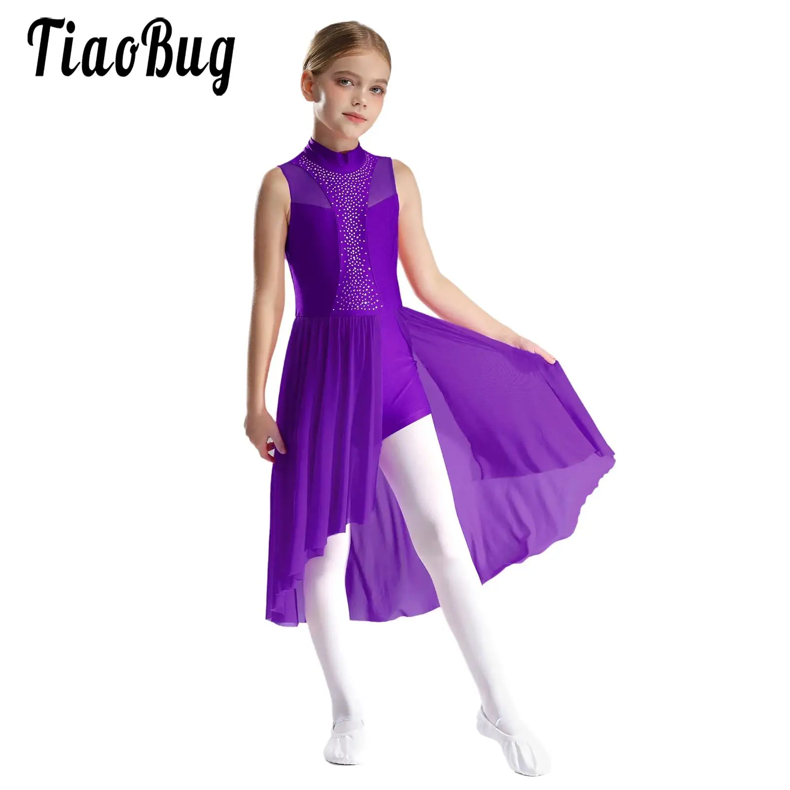 

Kid Girls Figure Skating Dress Bodysuit Lyrical Ballet Dance Dresses Sleeveless Cutout Back Side Split Mesh Hem Skirts Dancewear