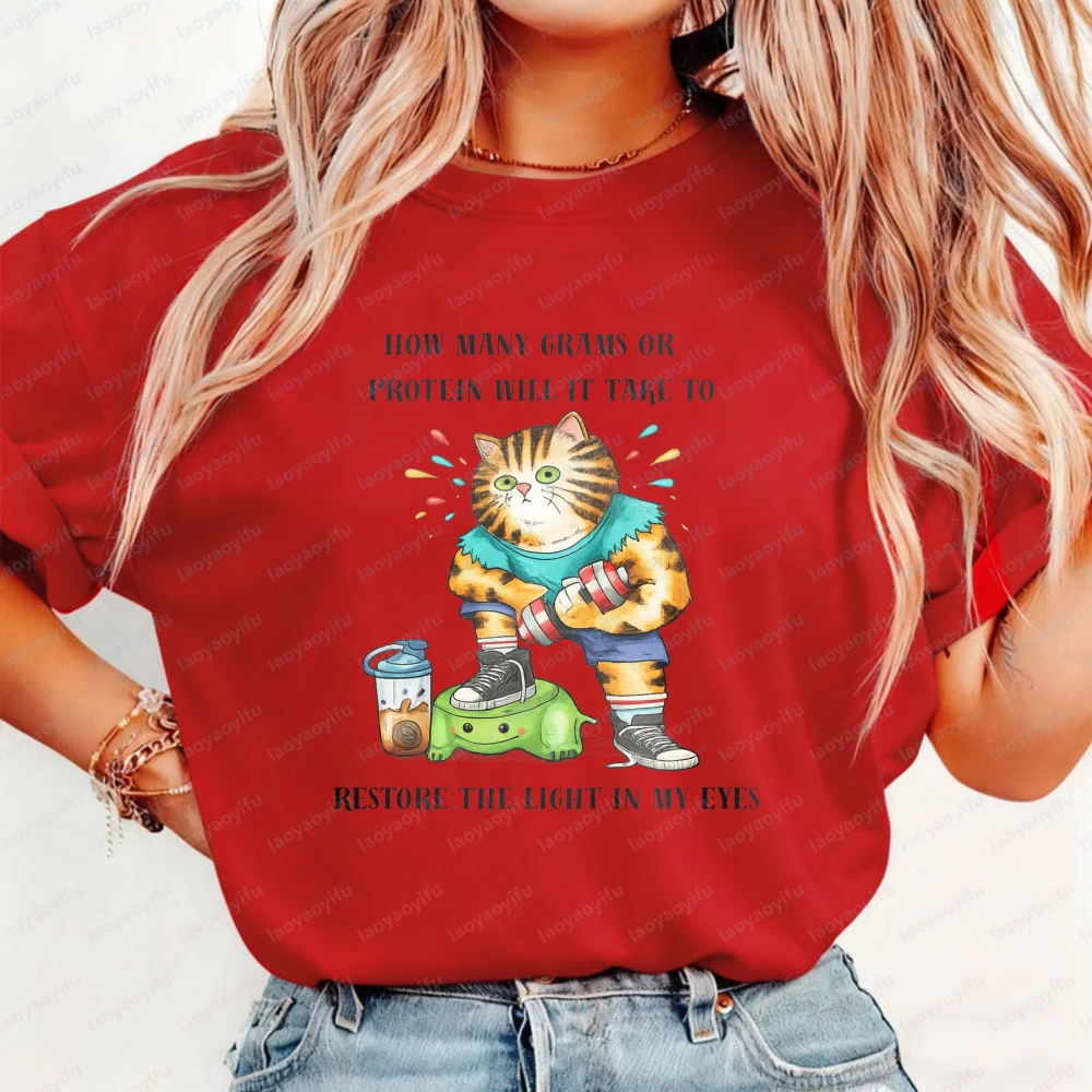 Funny Fitness Gym Cat Unisex T-shirt Homme Trend Protein Cats Streetwear Y2K Clothes for Women Men's Vintage Casual Camisetas