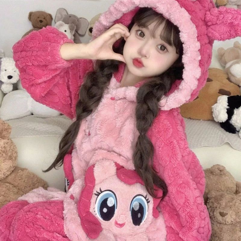 Anime My Little Pony Pajamas Cartoon Cute Women\'s Winter Warm Coral Fleece Hooded Home Clothes Robe Trousers 2 Piece Set