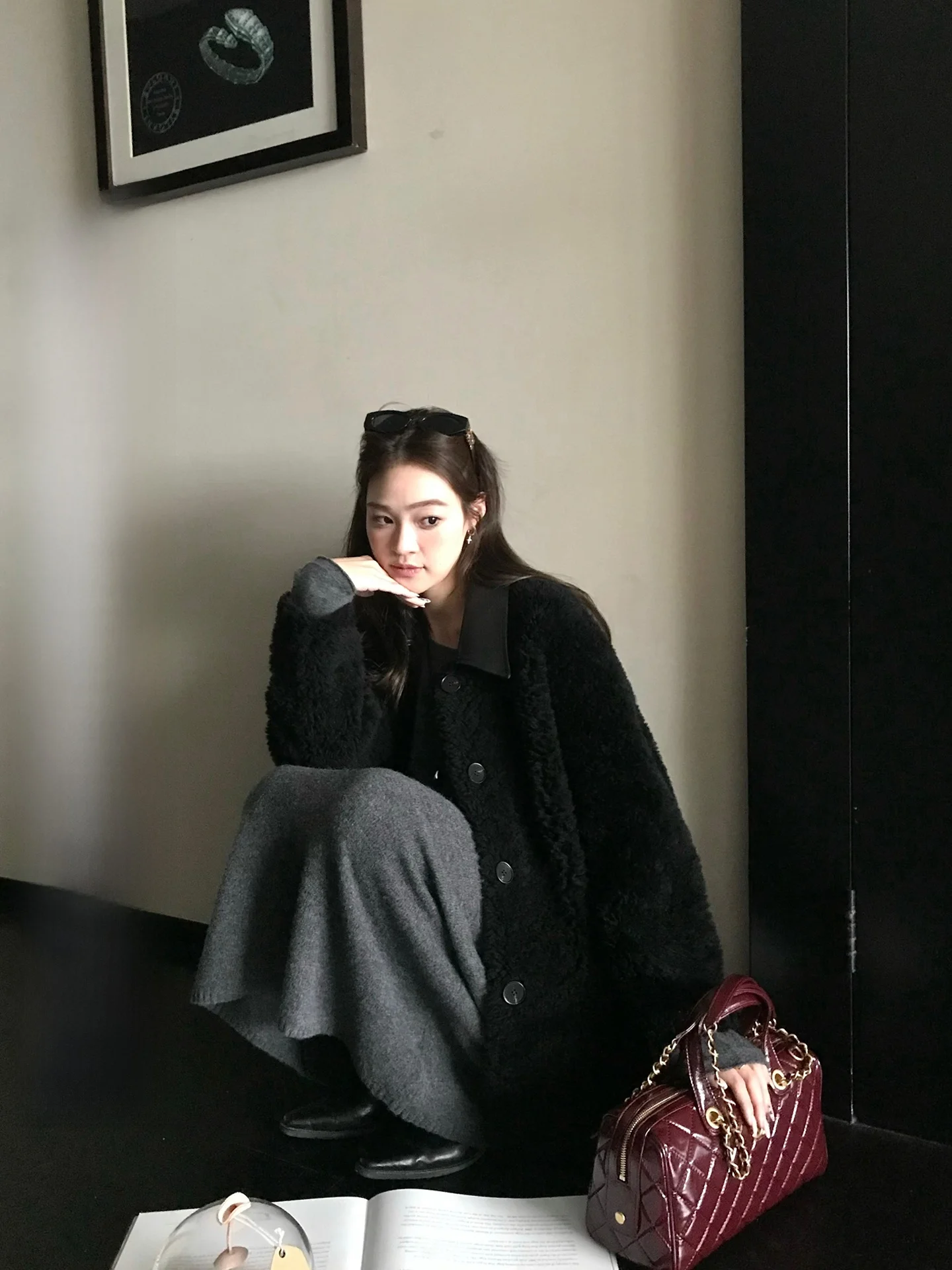 

ZM Zhou Mi Real eepskin Woolen Coat Women's Square Collar Fur Jaet Warm Thiened Long Sve Mid-Length Korean Sle