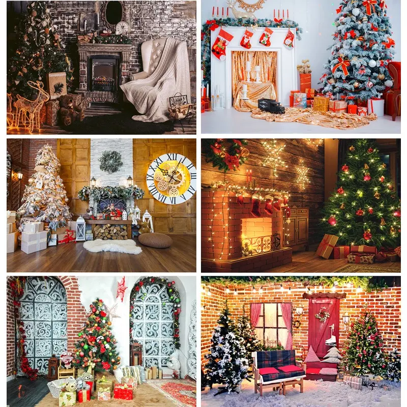 

SHUOZHIKE Art Fabric Christmas Day Photography Backdrops Prop Christmas Tree Fireplace Photographic Background Cloth CHM-017