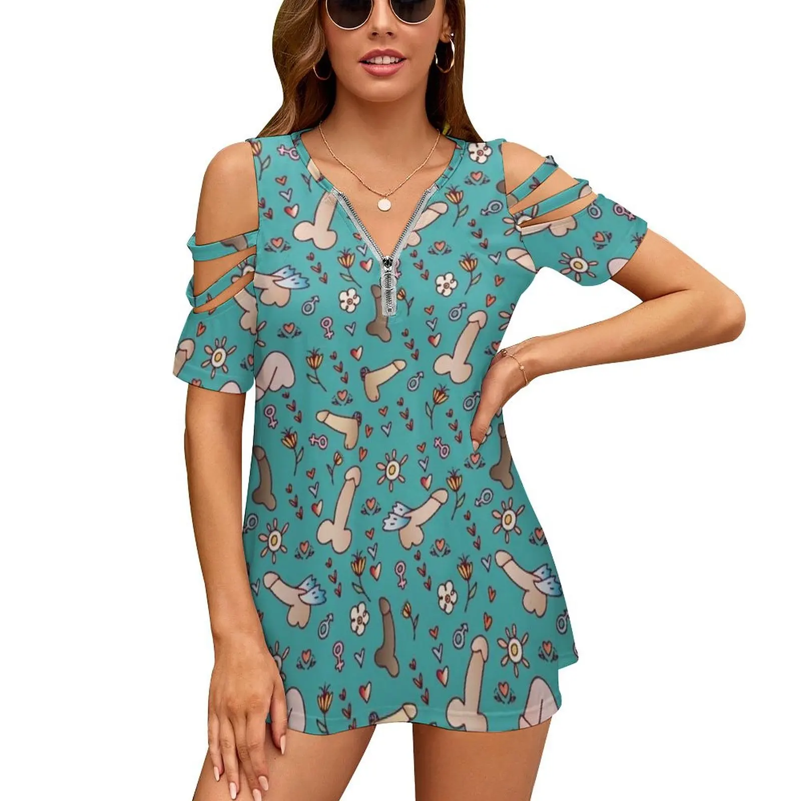 Women Zipper Sexy Printed Vintage T Shirts Tops Full Print T-Shirt Adult Pattern Funny Repeat All Over Dildo Cock Ball Male
