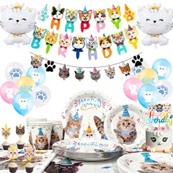 Cat Birthday Party Supplies,93pcs Birthday Decorations &Theme Tableware Set-Party Plates Napkins Tablecloth&Banner Balloons etc